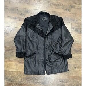 Vintage Pelle Floral Leather Coat Jacket‎ - Black - Women XL